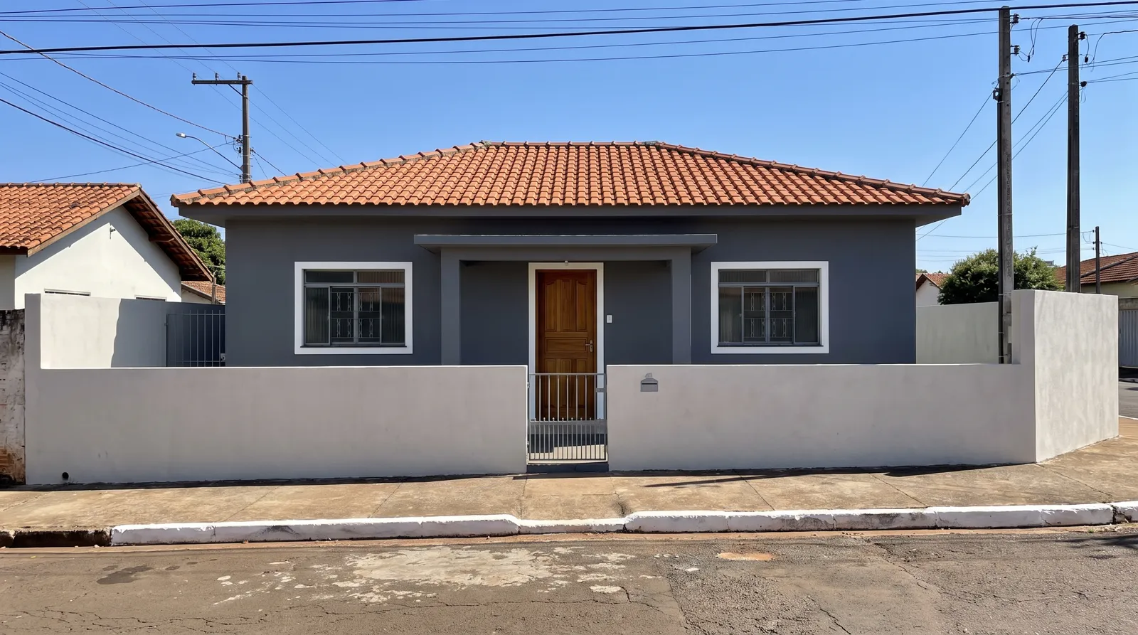 Casa térrea com fachada cinza e muro branco