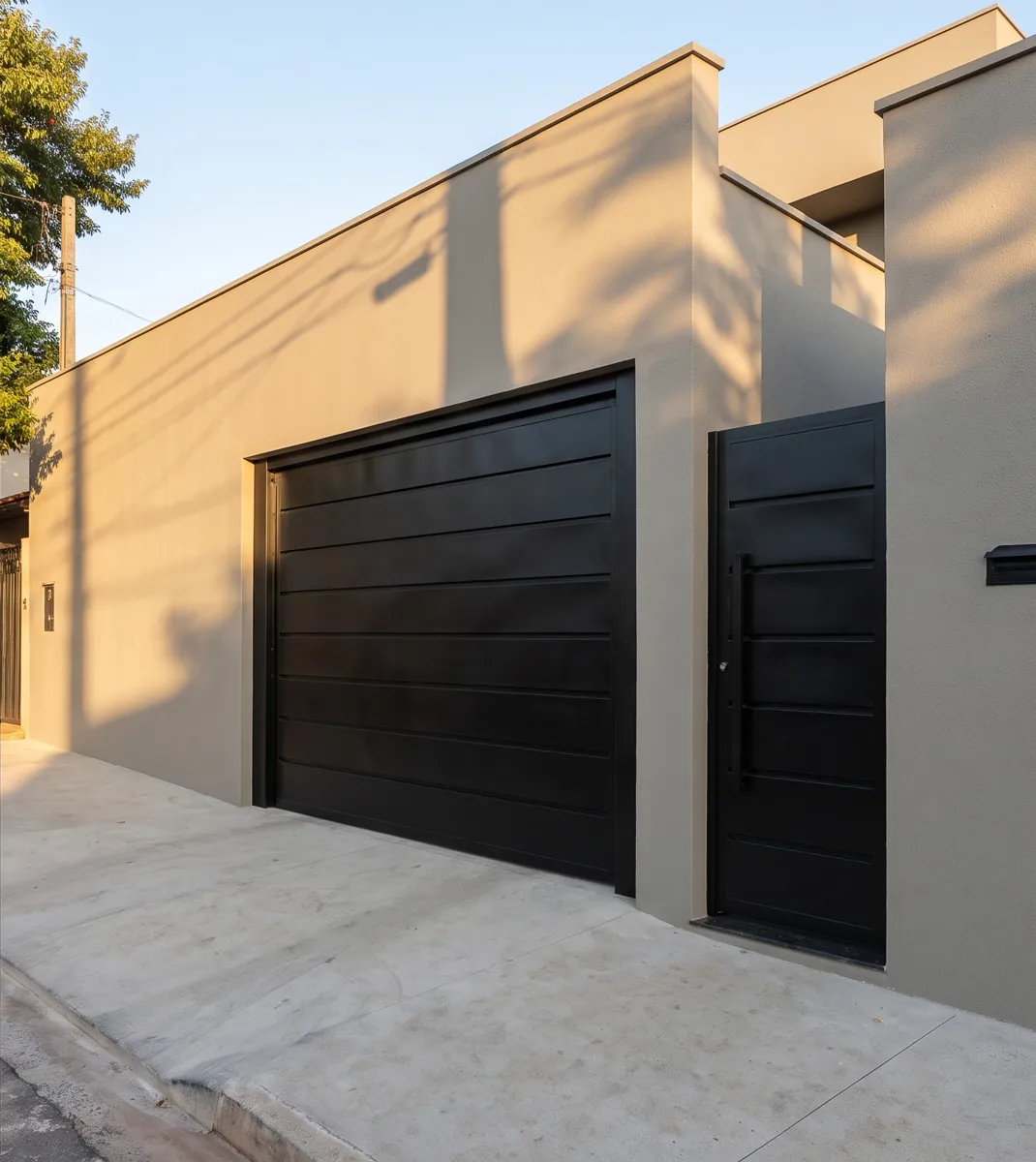 Depois: fachada bege com portão preto